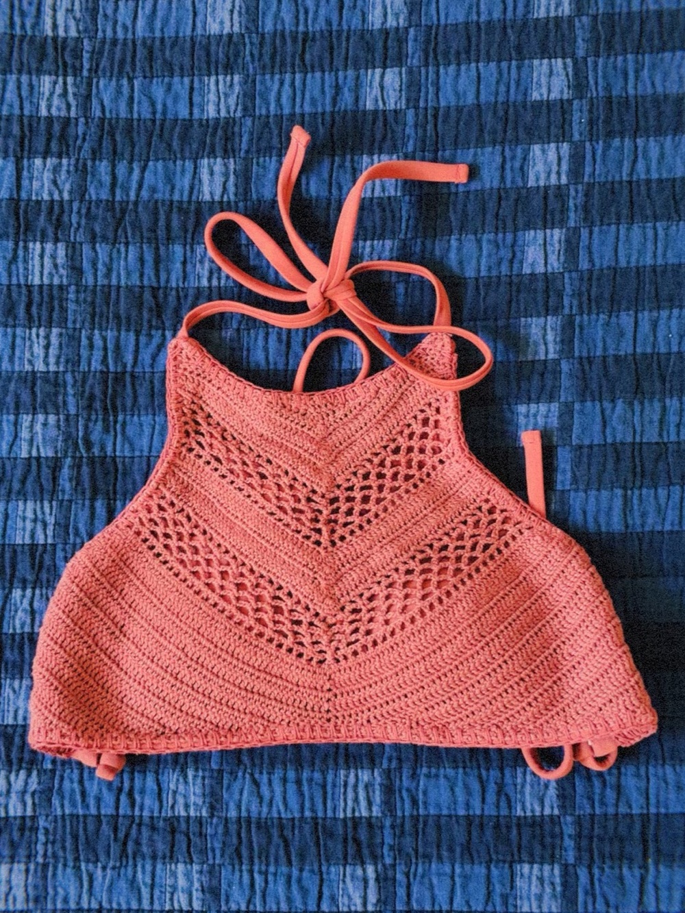 Xhilaration Burnt Orange/Coral Crochet Halter Swim Top (XS)